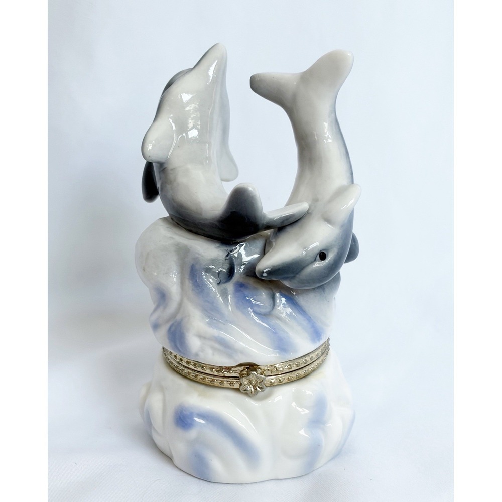 Small Dolphin Hinged Trinket Jewelry Treasure Box Glossy Ceramic Collectible
